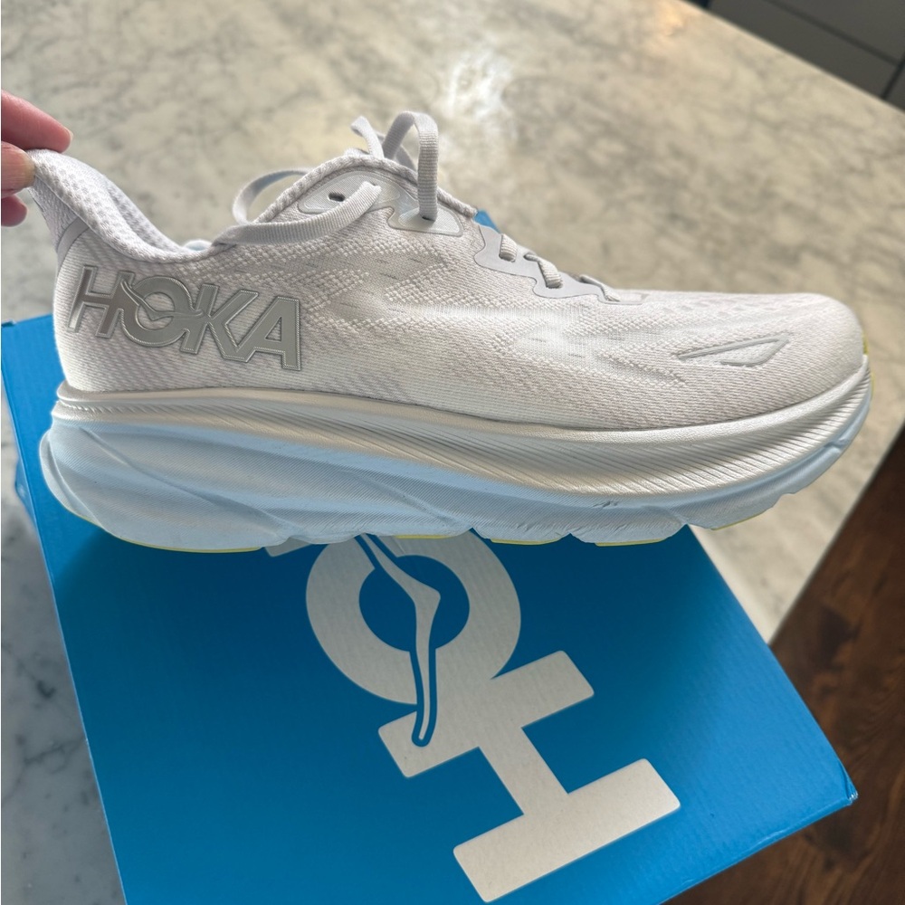 Hoka Clifton 9 women’s 10.5 wide. Gray and blue. Worn one time. Original box.